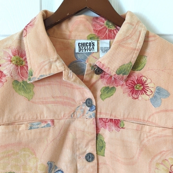 Chico's Design 90's Vintage Floral Embroidered & Beaded Denim Jacket Peach 3 - Picture 2 of 13